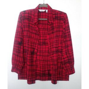 Vtg Collared Top Shirt Sz M Geometric/CHECK RED Beverly Rose long sleeve NO IRON